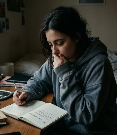 Persona escribiendo en un cuaderno, en un momento de introspección
