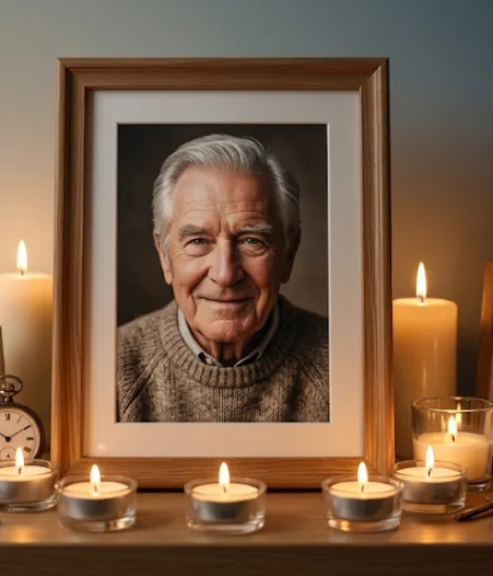 Retrato enmarcado rodeado de velas, en recuerdo de un ser querido