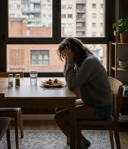 Persona frente a la mesa con comida, mostrando angustia