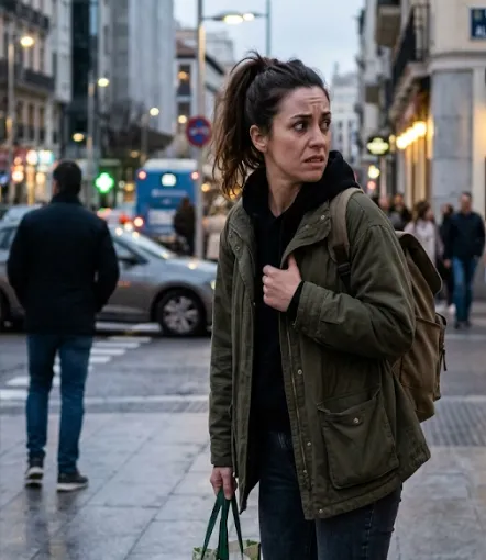 Persona caminando por la calle con gesto de alerta y estrés